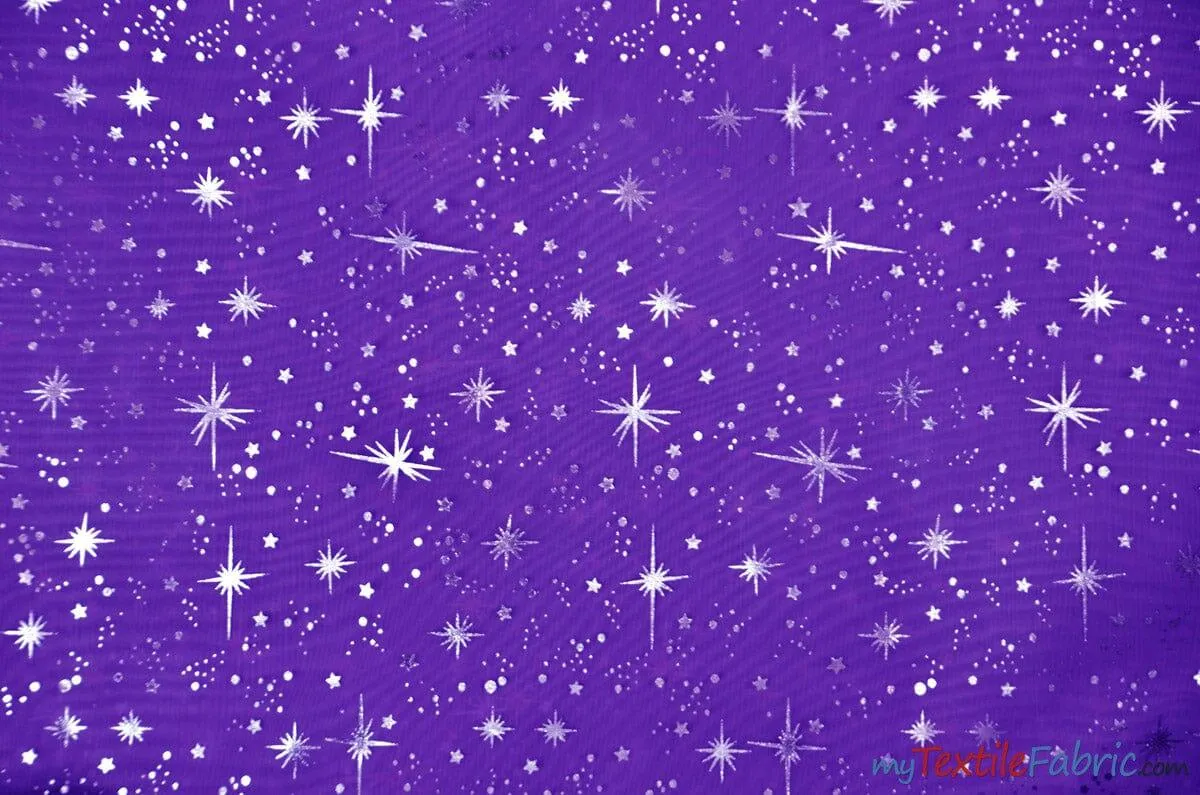 Shooting Star Foil Organza Fabric| 60" Wide | Sheer Organza with Foil Silver Metallic Star | Decor, Overlays, Accents, Dresses, Apparel |