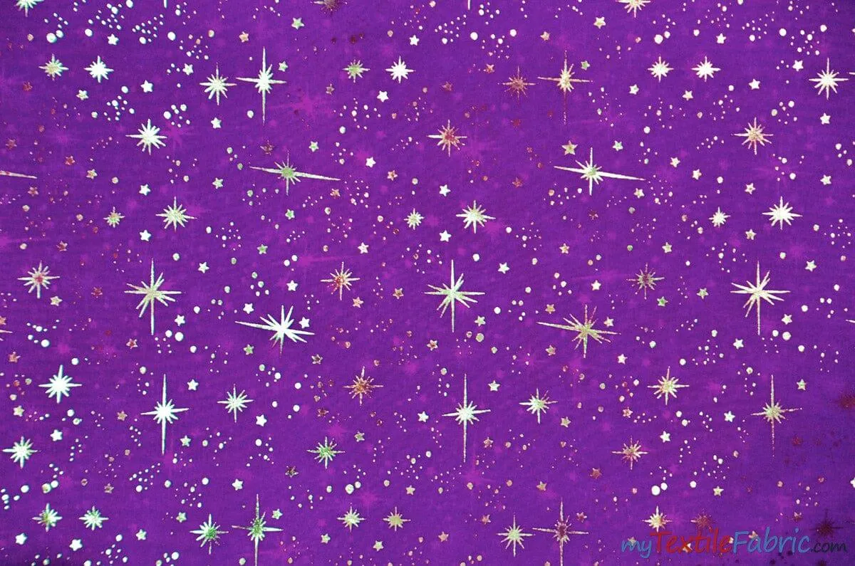 Shooting Star Foil Organza Fabric| 60" Wide | Sheer Organza with Foil Silver Metallic Star | Decor, Overlays, Accents, Dresses, Apparel |