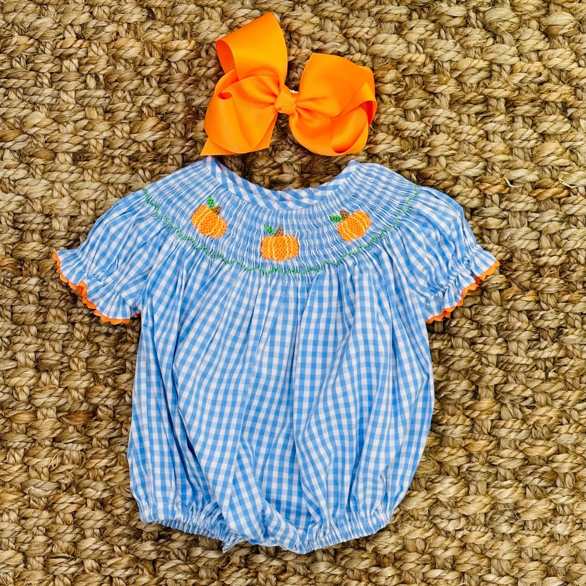 Smocked Pumpkin Romper in Gingham