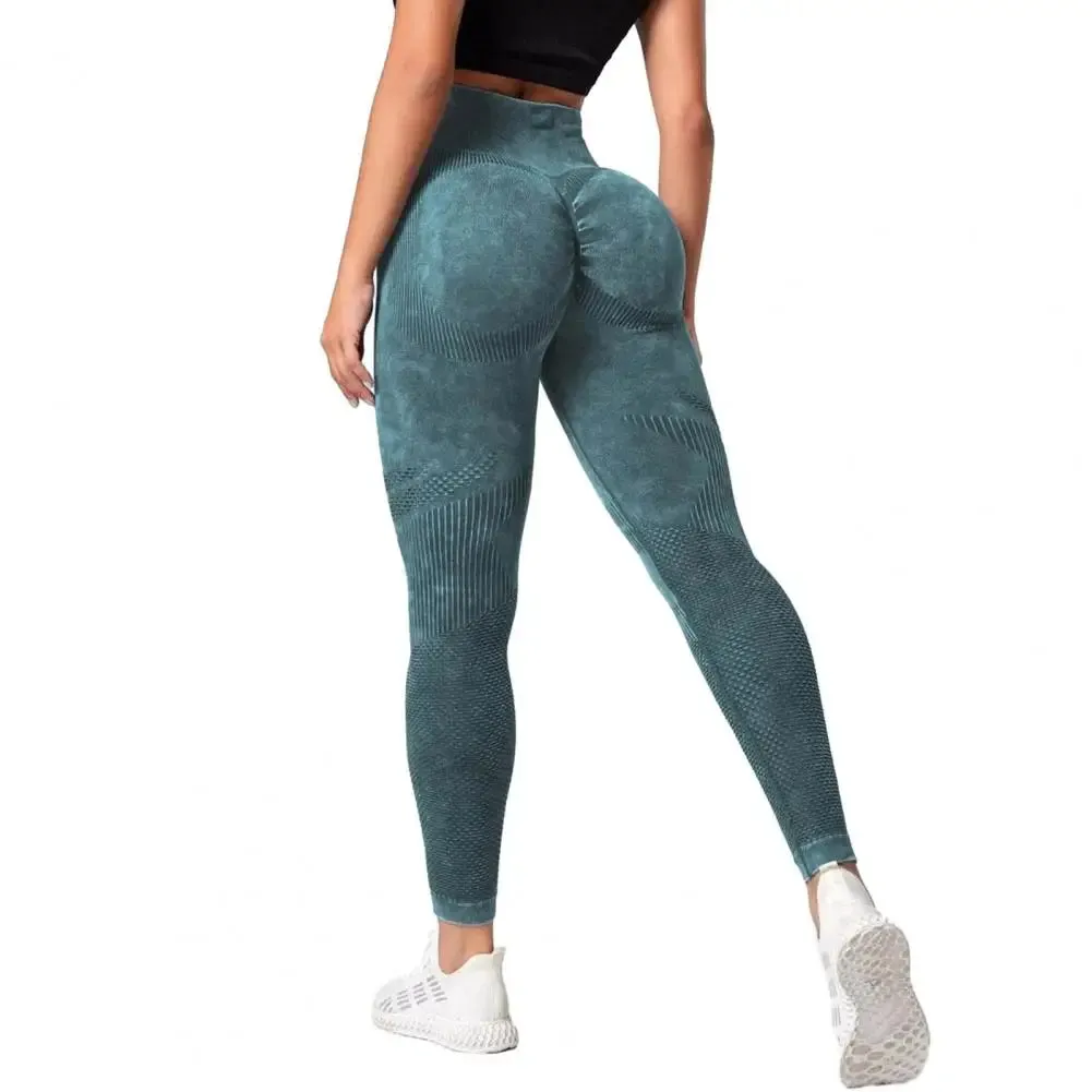 Sports Leggings Ruched Tummy Control Yoga Leggings High Waist Tie Dye Pants with Pockets for Women Thick Workout Running