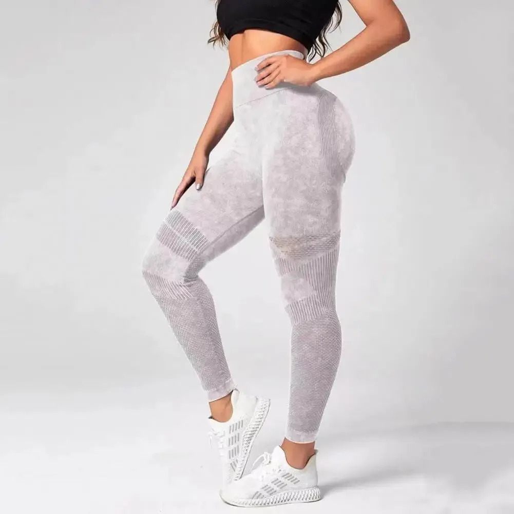 Sports Leggings Ruched Tummy Control Yoga Leggings High Waist Tie Dye Pants with Pockets for Women Thick Workout Running