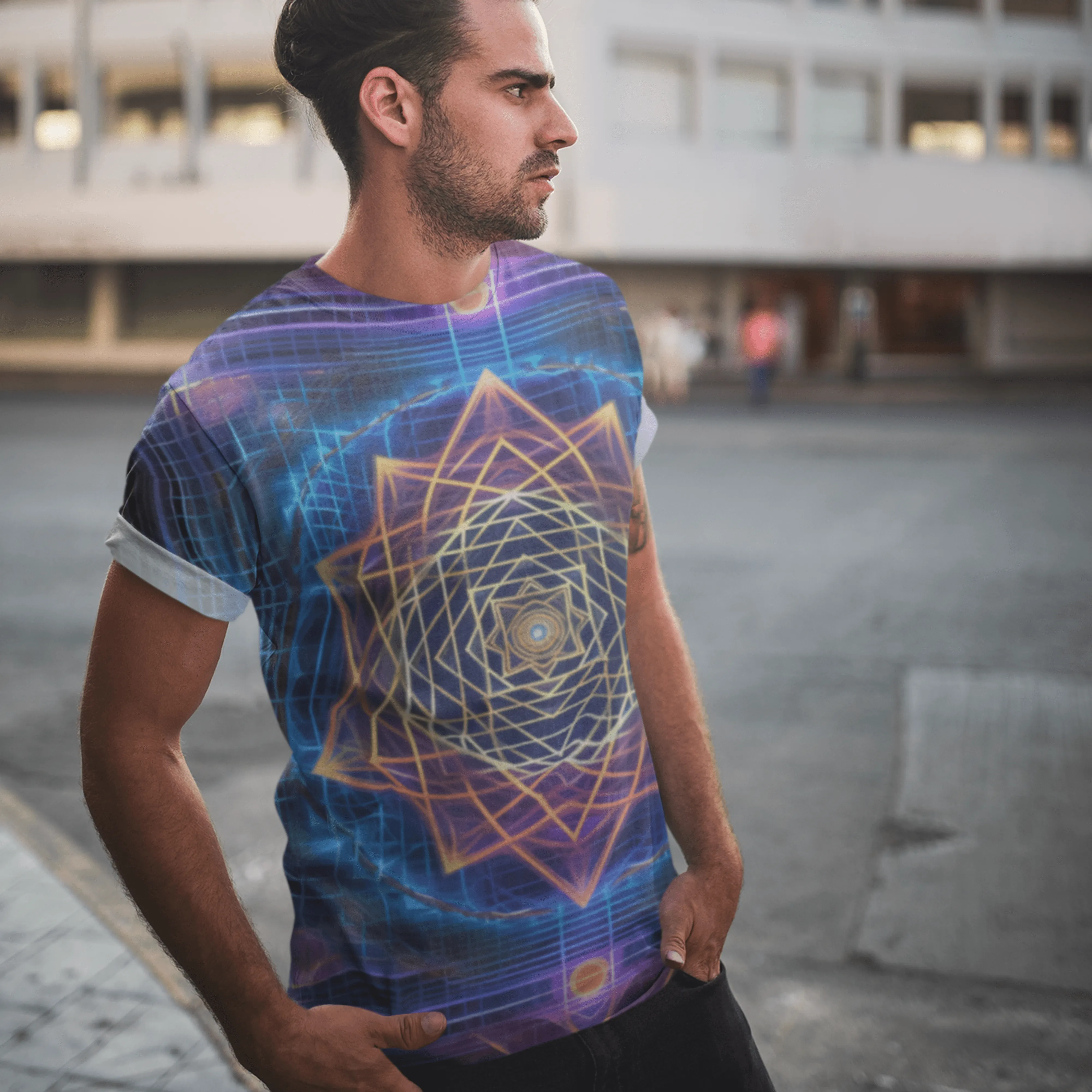 Sri Yantra 3D Sacred Geometry Octane Colorful Symmetrical Sublimation-Digital AI Art T-Shirt for Street or Festival Wear