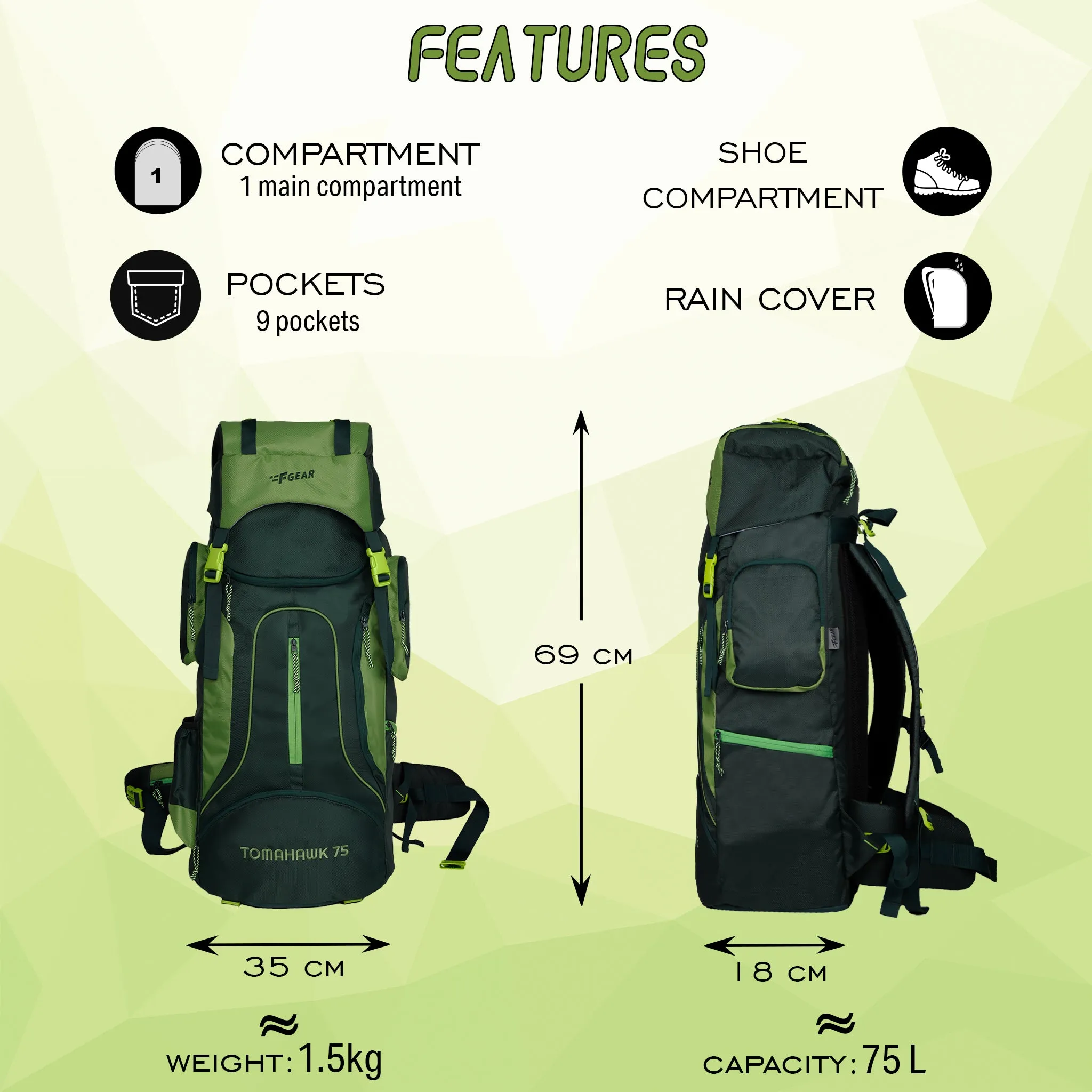 Tomahawk 75L Spruce Forest Green Rucksack with raincover