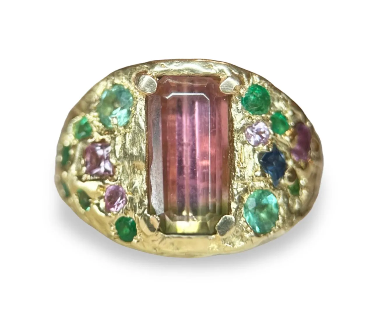 Watermelon Bi color Tourmaline Cocktail Ring with emeralds and sapphires in 14 Ct Gold (Exclusive to Tomfoolery London)