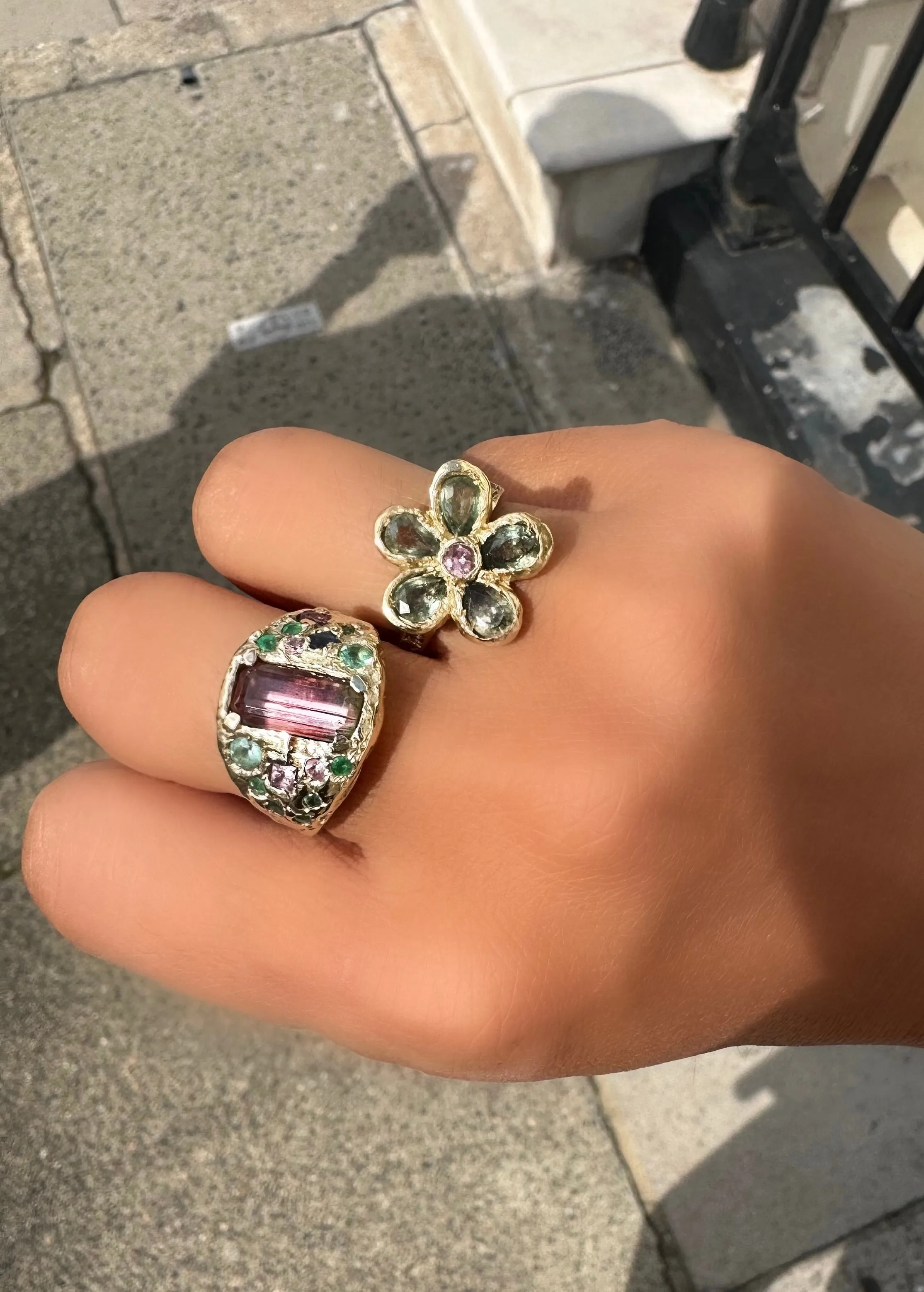 Watermelon Bi color Tourmaline Cocktail Ring with emeralds and sapphires in 14 Ct Gold (Exclusive to Tomfoolery London)