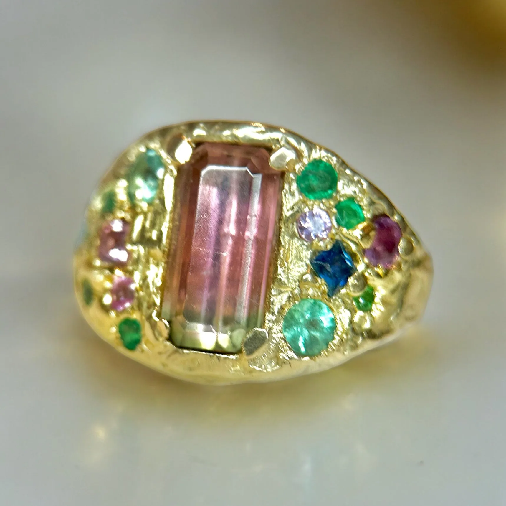 Watermelon Bi color Tourmaline Cocktail Ring with emeralds and sapphires in 14 Ct Gold (Exclusive to Tomfoolery London)