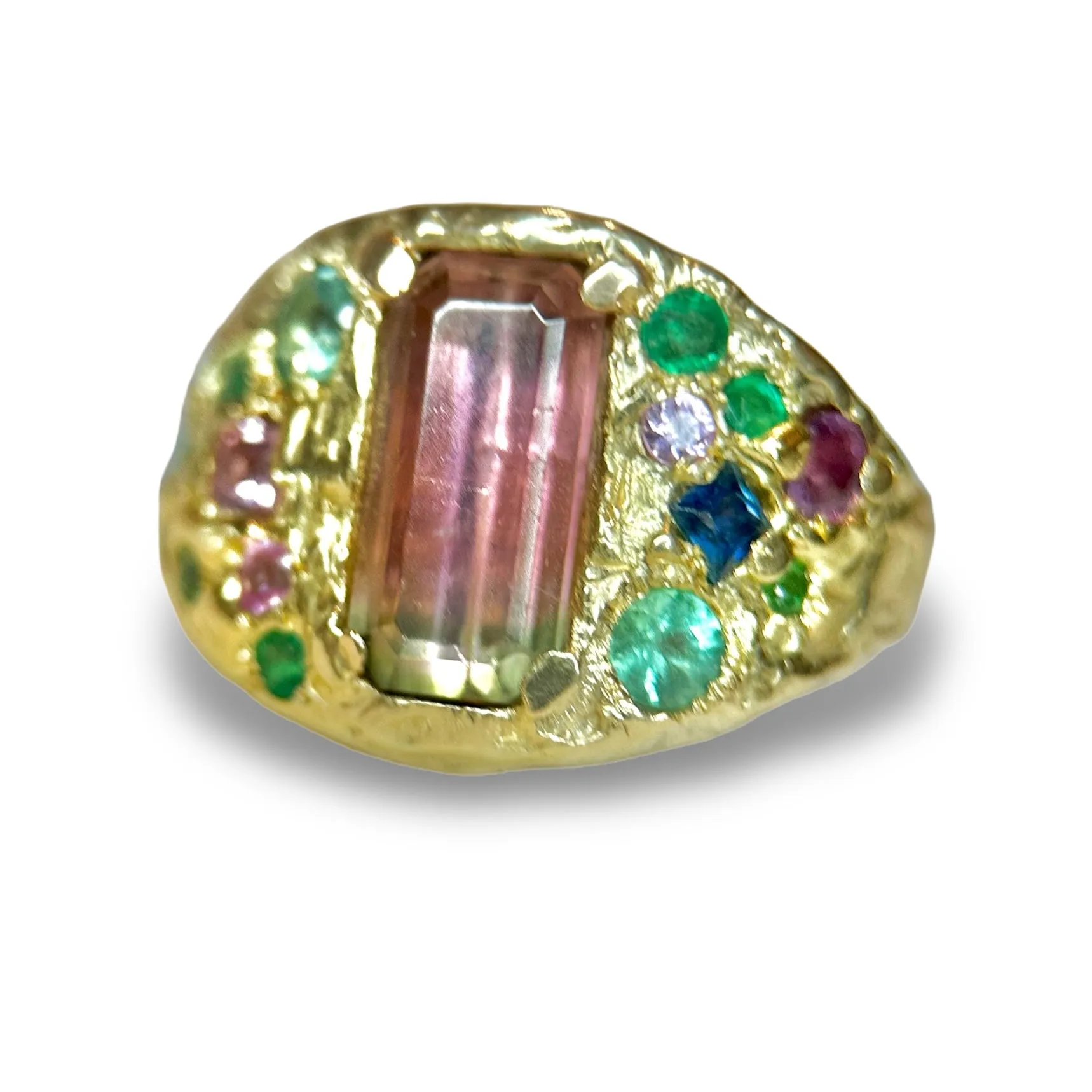 Watermelon Bi color Tourmaline Cocktail Ring with emeralds and sapphires in 14 Ct Gold (Exclusive to Tomfoolery London)