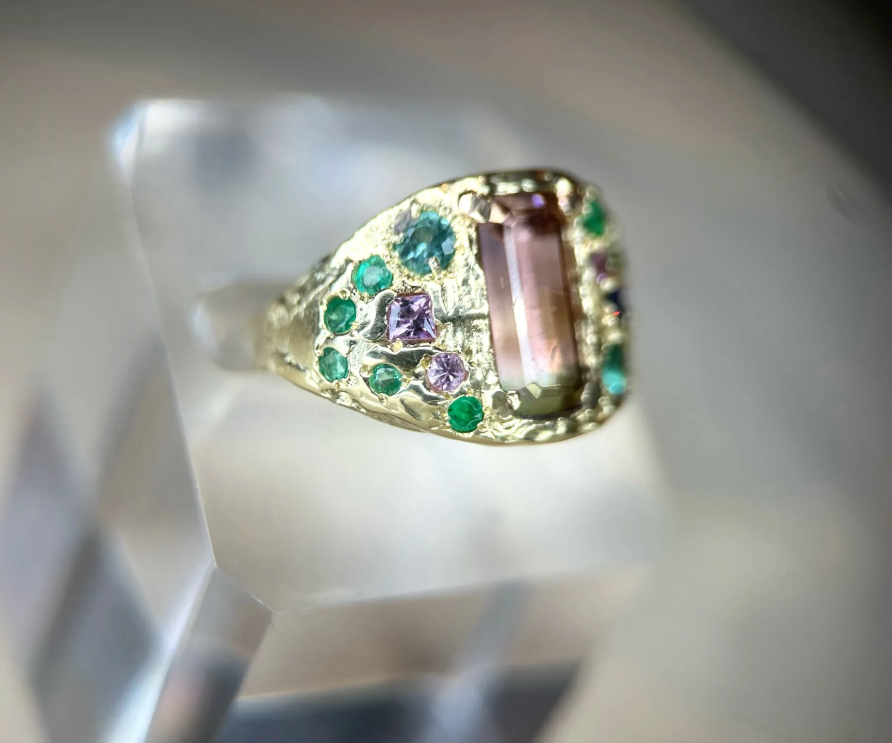 Watermelon Bi color Tourmaline Cocktail Ring with emeralds and sapphires in 14 Ct Gold (Exclusive to Tomfoolery London)